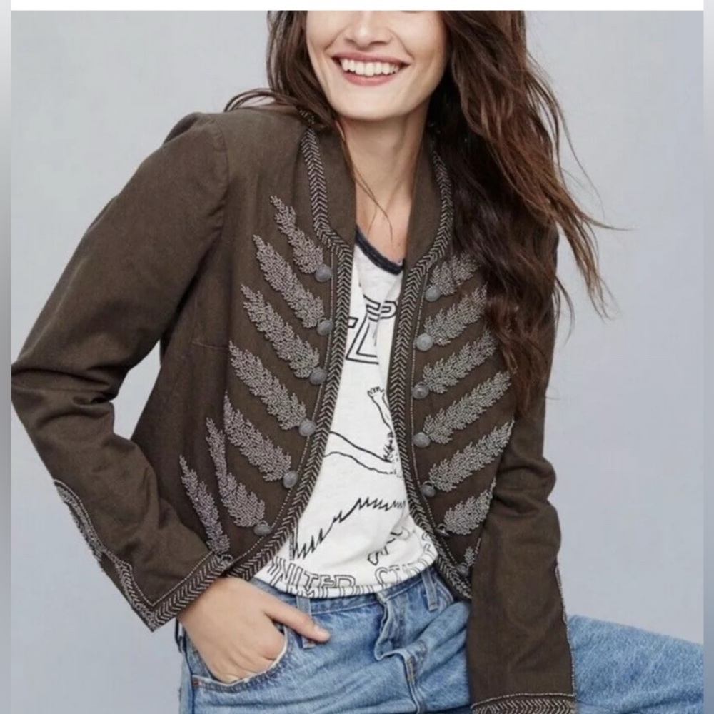 Free People Olive Green Military Embellished Jacket